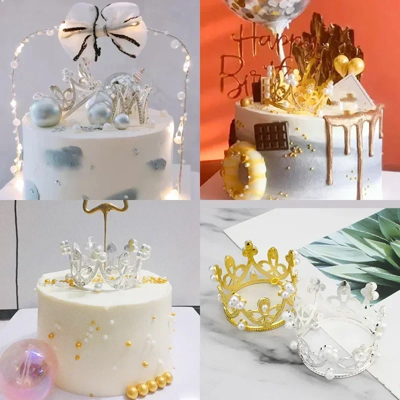 Elegant Pearl Crown Cake Topper for Birthday Celebrations - Mini Gold and Silver Party Decoration