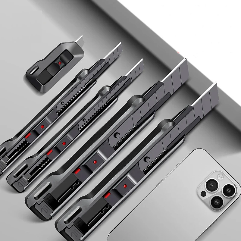 Retractable Snap-Off Utility Knife box cutter utility knife cutting knife box opener 18mm/9mm Black Carbon Steel Blades Box Cutter Mini Cutting Tools Package Opener Auto-Lock