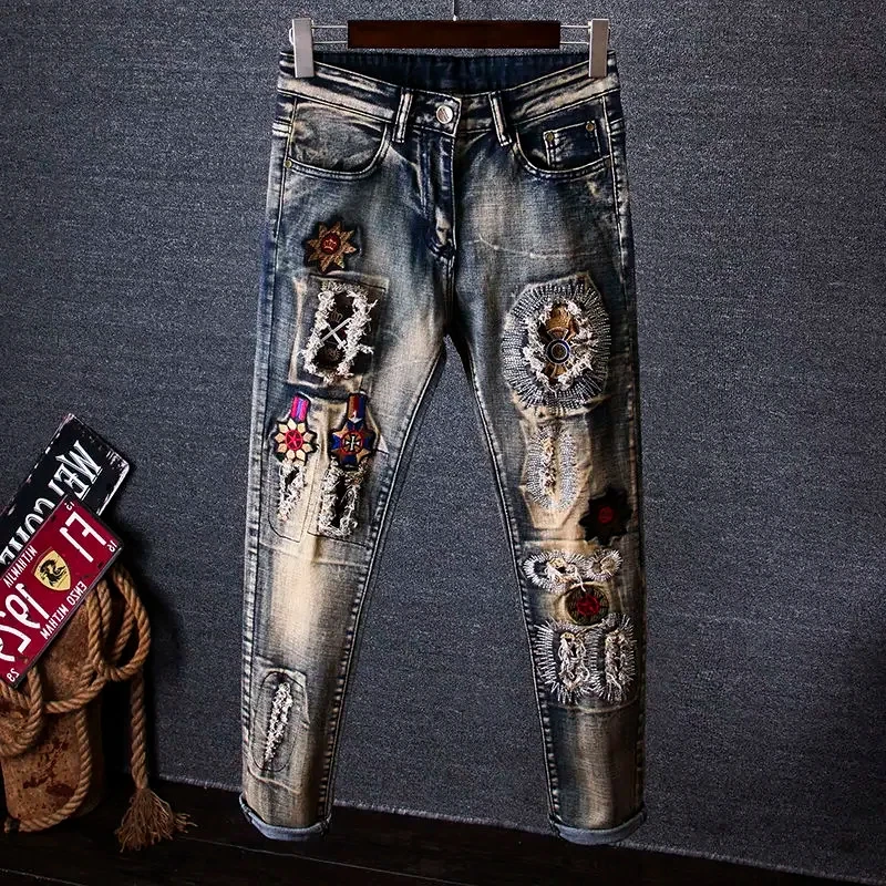 

Slim Fit Trousers Tight Pipe Jeans for Men Graphic Male Cowboy Pants Goth Skinny Grunge Y2k Retro Embroidery Luxury High Quality