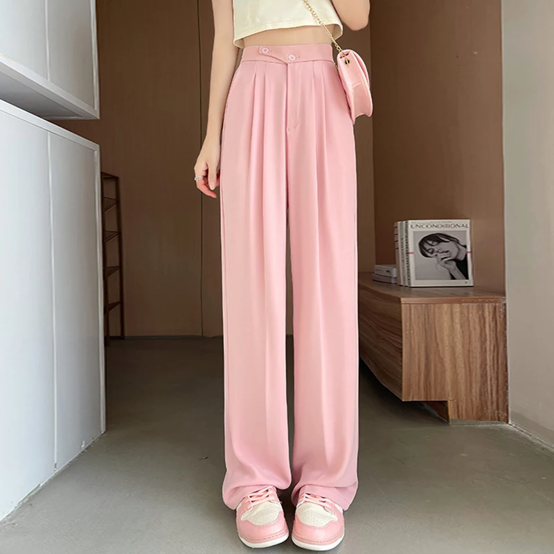 High Waist Wide Leg Pants For Women Button Elastic Waist Floor