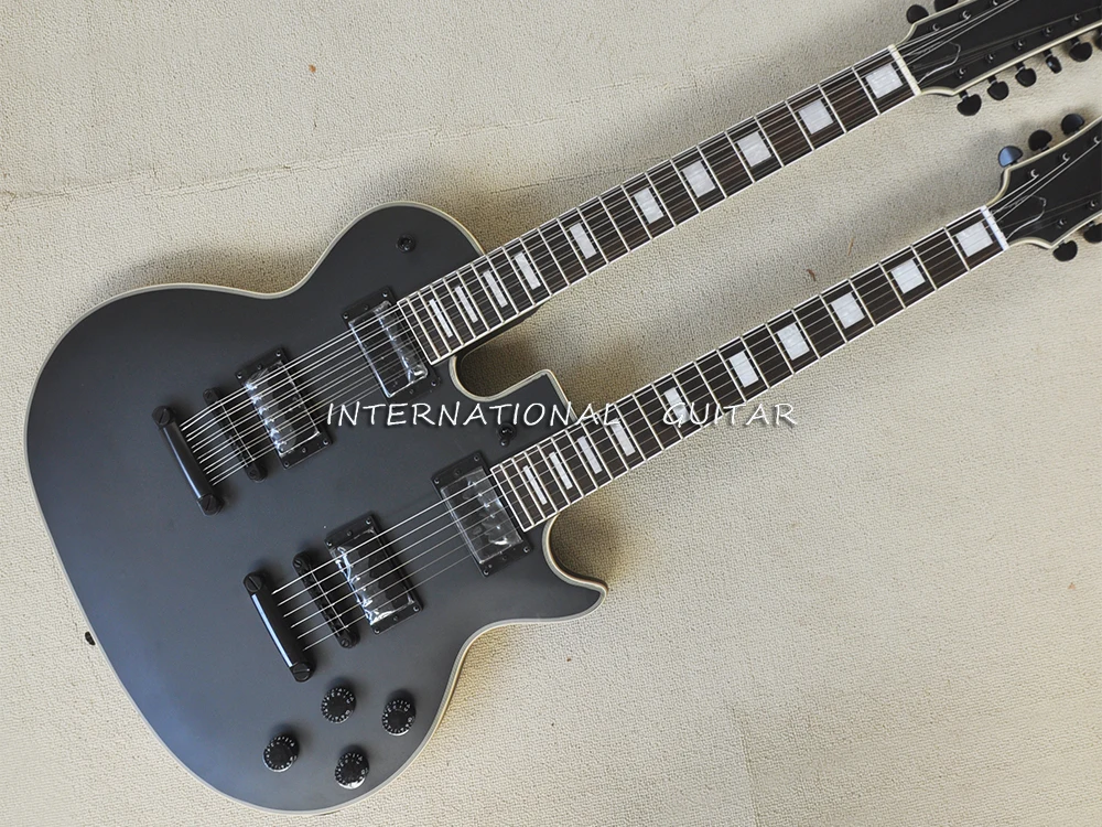 Matte Black 12+6 Strings Double Necks Electric Guitar with Black Hardware,Rosewood Fretboard