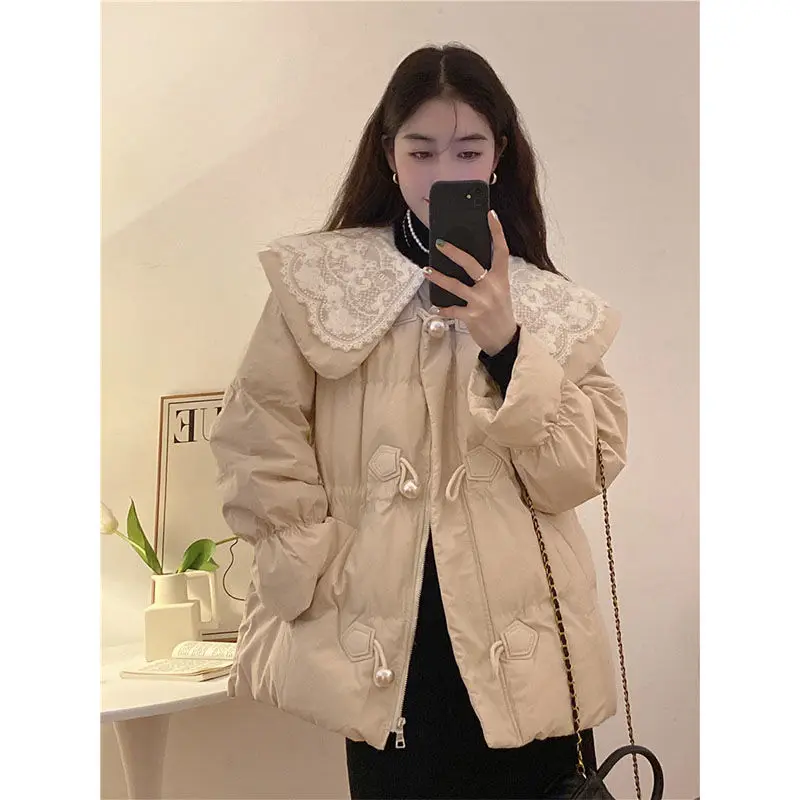 

Female Cotton Pad Women's 2023 New Winter Short Coat Thickened Fashion Lace Peter Pan Collar Parka G558