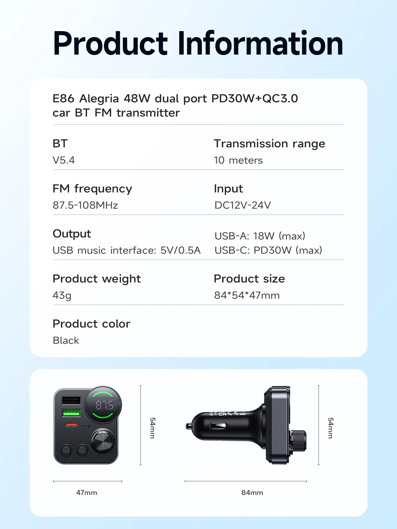 HOCO E86 48W Bluetooth 5.4 Car FM Transmitter with PD 30W & QC3.0