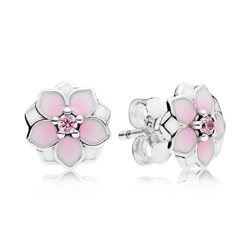 

Original Sparkling Magnolia Bloom With Crystal Stud Earrings For Women 925 Sterling Silver Wedding Gift Fashion Jewelry