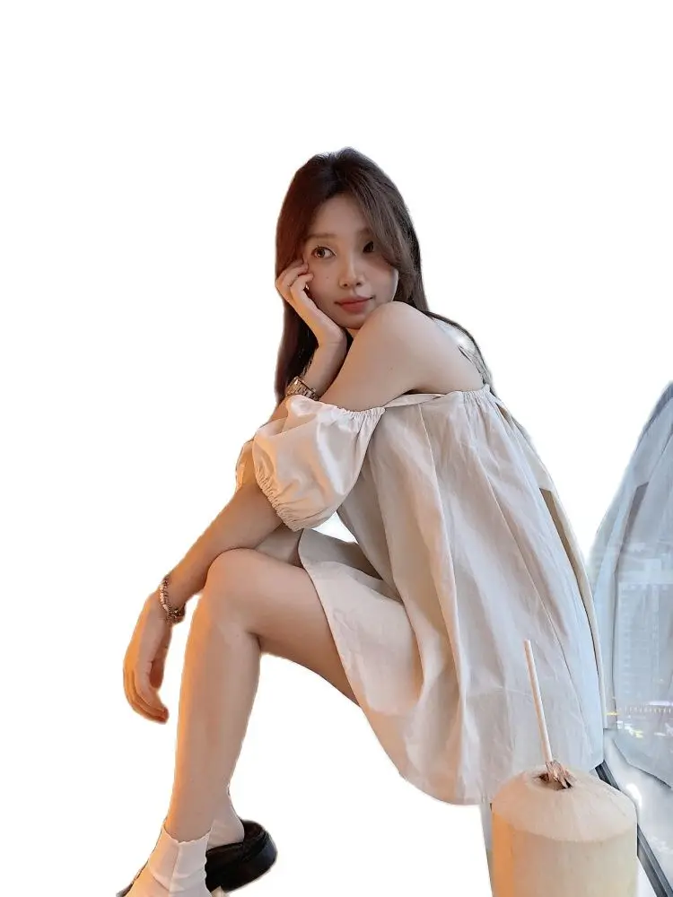 Summer Female Clothes Solid Color Puff Sleeve Slash Neck Strap Shirts Young Lady Sweet Shirt Loose Woman Blouses Backless Tops