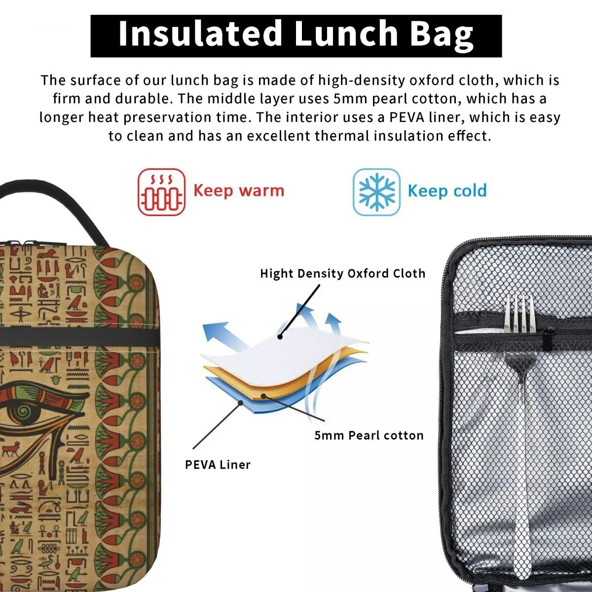Egyptian Eye Of Horus Insulated Lunch Tote Bag Ancient Egypt Hieroglyphs Portable Thermal Cooler Bento Box Kids School Children