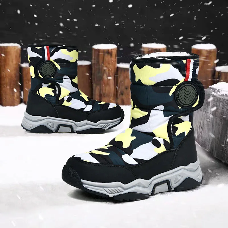 

Winter Thickened Warm Plush Children's Snow Boots Printed Camouflage Waterproof Upper Girls Sports Boots Ski Antiskid Kids Shoe