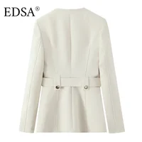 EDSA Women Beige Pants Set O-Neck Blazer Jacket Office Lady High Waist Fitted Flared Long Trousers Female Suits - Image 3