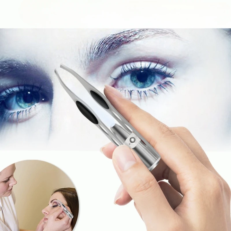 LED Eyebrow Tweezer Oblique Tip Stainless Steel Eyebrow Trimming Clip Eye Hair Removal Prune False Eyelash Clamp Makeup Tool 1PC eyebrow tweezers