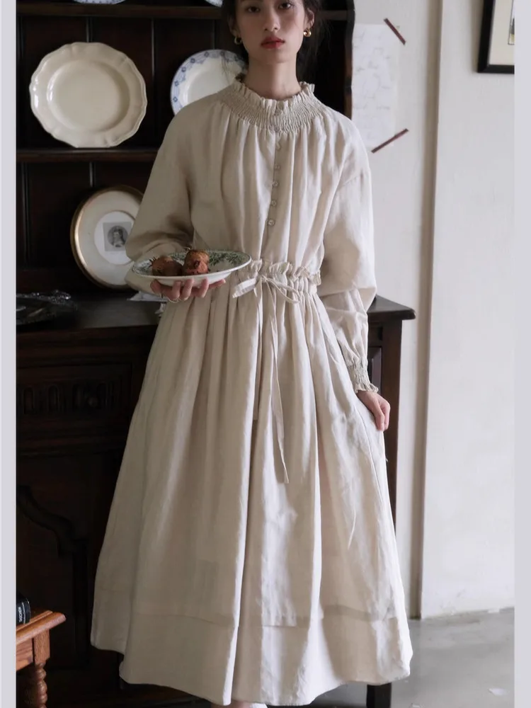 

AIGYPTOS Spring Fall Long Dress Women Vintage Elegant Slim Stand Collar Long Lantern Sleeve Cotton And Linen Dress robe argent