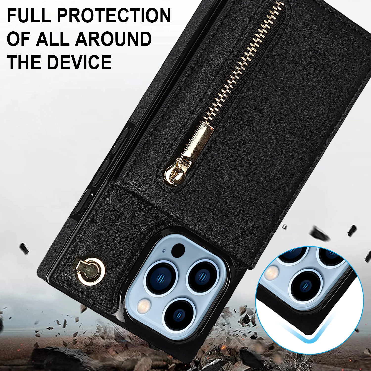 Crossbody Leather Wallet Case, Zipper Card Holder, Pocket Kickstand, Flip Cover for iPhone 15 Pro Max, 14, 13, 12, 11, XR, Xs, 8