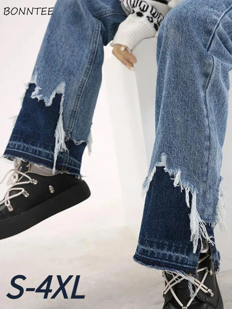 

Blue Jeans Women S-4XL Spliced Chic Young Students Designed Streetwear Denim Vintage High Waist Straight Y2k All-match Fashion