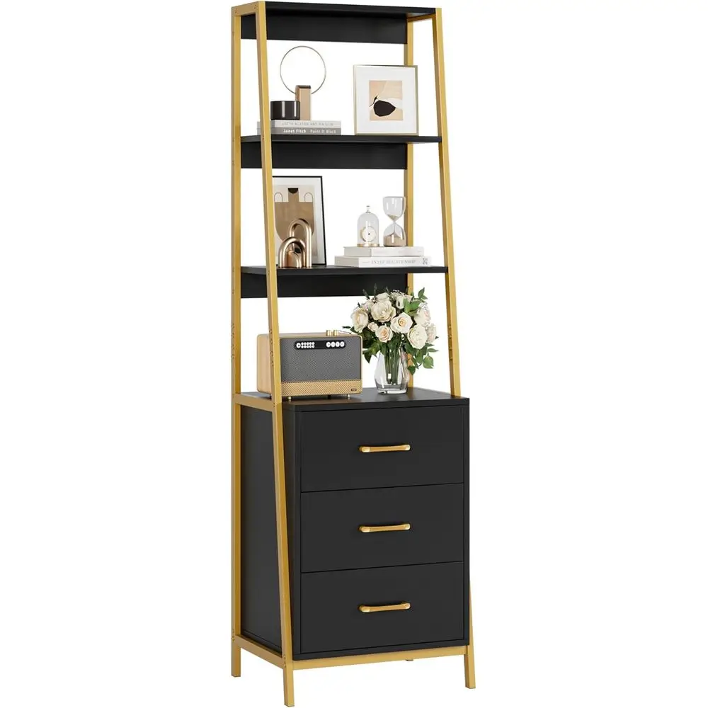 4-Tier Tall Bookcase with Wooden Drawers, Ladder Style Storage Organizer for Living Room, Entryway, Office