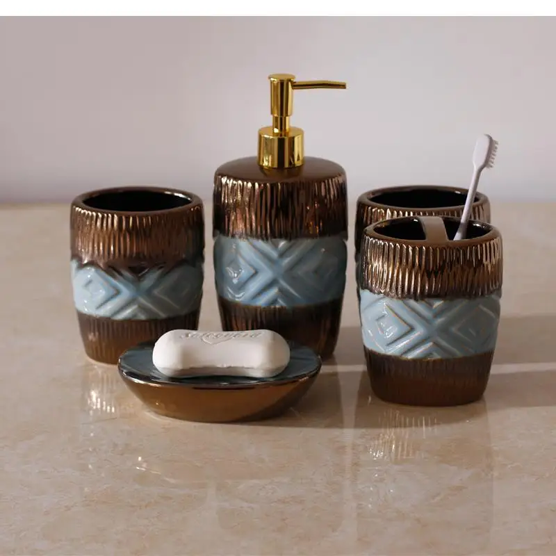 

Simple Bathroom Decorative Accessories Ceramic Toothpaste Dispenser Toothbrush Holder Bathroom Cup Lotion Bottle 5 Piece Set