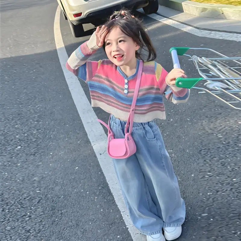 

Girls' Spring Suits2024New Children'S Western Style Striped Top Wide Leg Jeans Two-Piece Baby Clothes