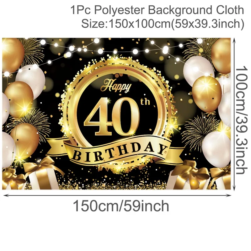 Kit Decorazioni Compleanno 40 Anni - Palloncini Neri Oro, Striscione Buon Compleanno, Topper Torta, Festoni Per Donna