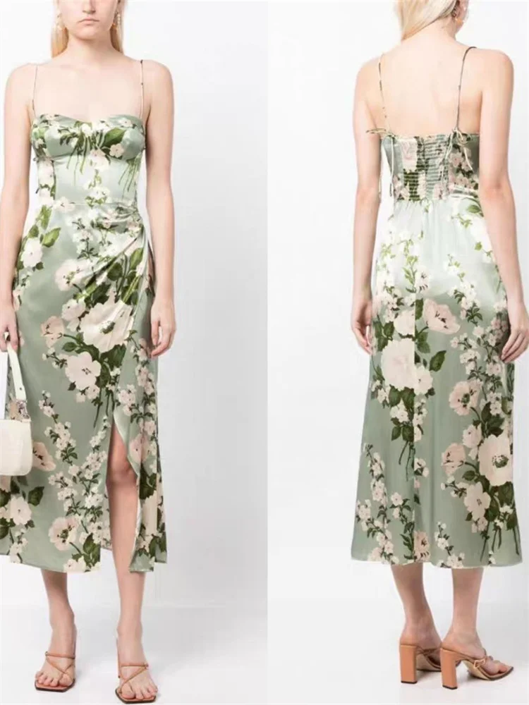 

Женское шелковое платье на бретельках, элегантное приталенное платье миди с цветочным принтом, квадратным вырезом, высокой талией и шнуровкой, 100%