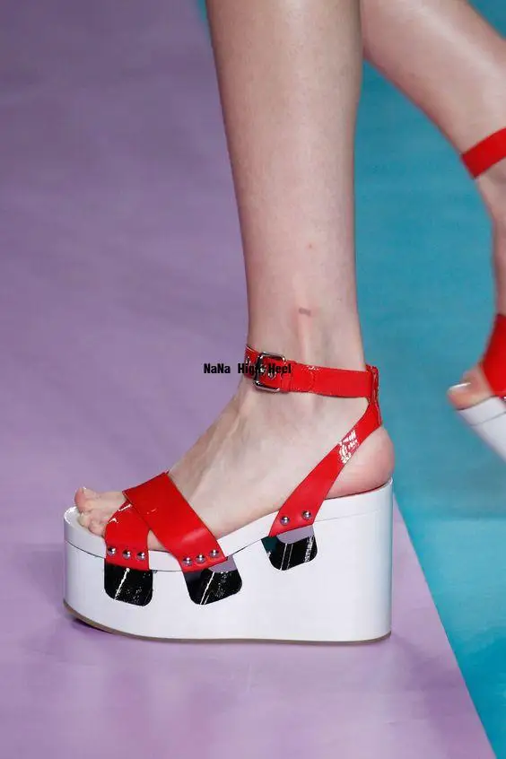 Design Wedges Pink Buckle Slingback Sandals women peep toe platform leather sandals lady patchwork high heel shoes fashion