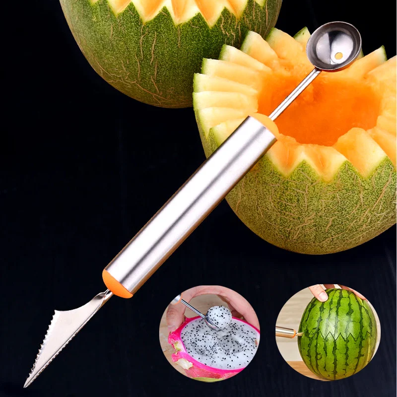 2 in 1 Dual-head Fruit Ball Carving Knife Kiwi Waterlemon Scoop Melon Digger Jar Mashed Potato Baller Ice Cream Spoon |