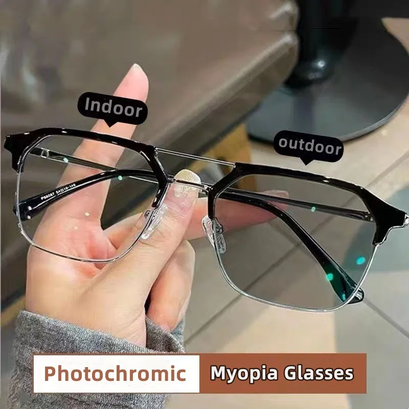 

Vintage Square Photochromic Myopia Glasses Double Beam Frame UV Shades Sunglasses for Male Unisex Near Sight Eyewear 0 To -6.0