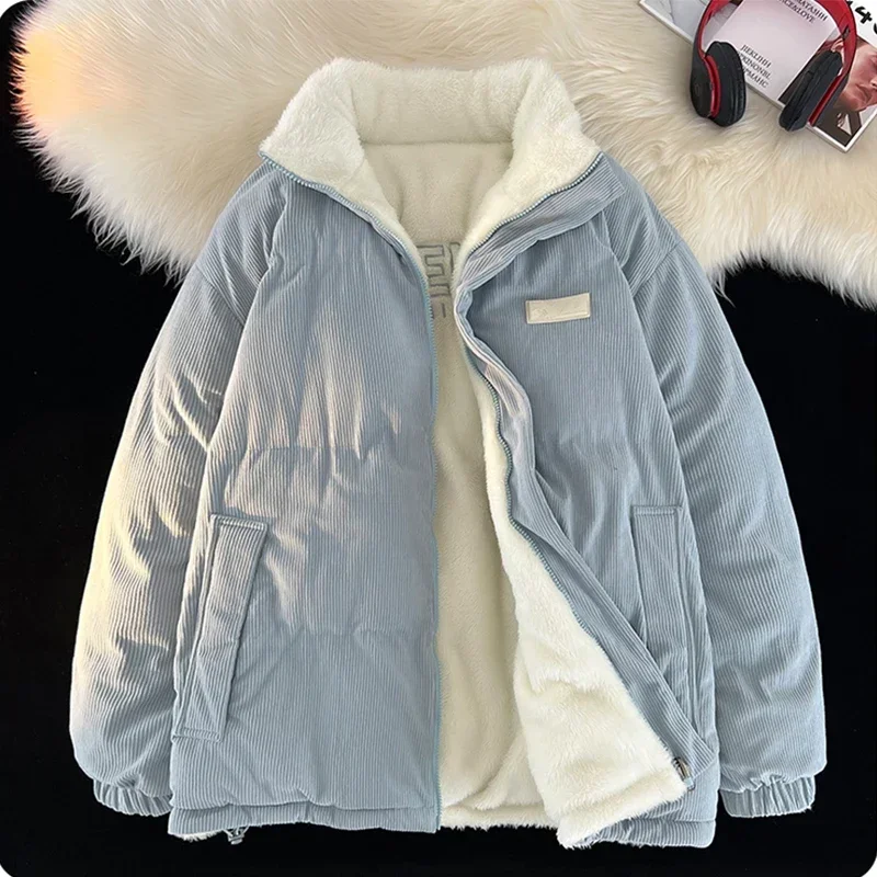 Thicken Warm Winter Jacket Men Solid Loose Winter Padded Jackets Male Stand Collar Fleece Parkas Man