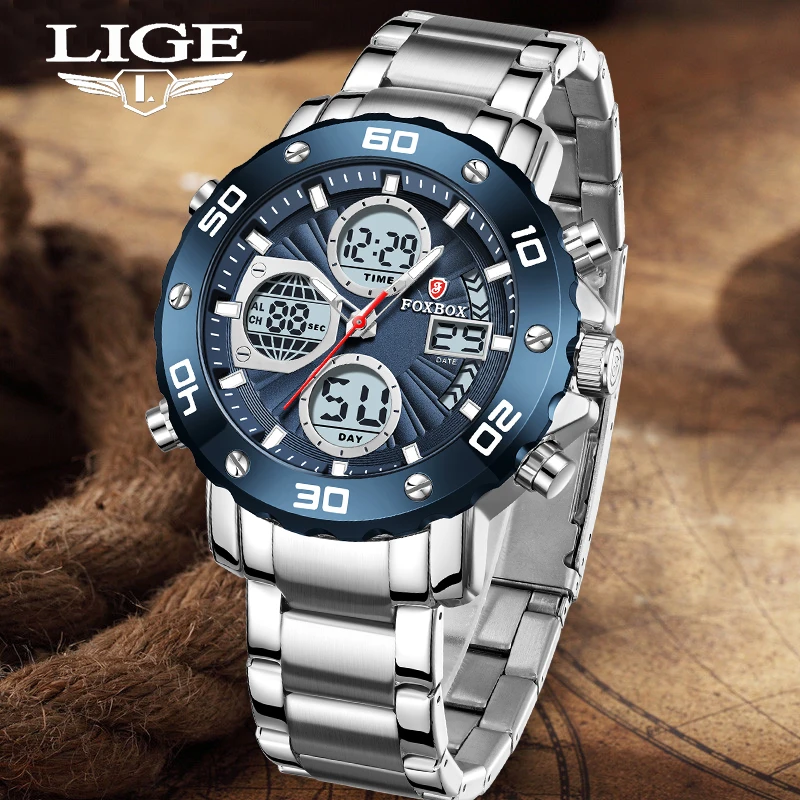 LIGE 2024 New Fashionable Style Dual Time Display LCD Digital Analog Quartz Mens Watches Luminous Water Resistant Man Wristwatch 2024 best dac digital to analog audio converter bluetooth receiver optical toslink usb disk to rca 3 5mm jack stereo adapter