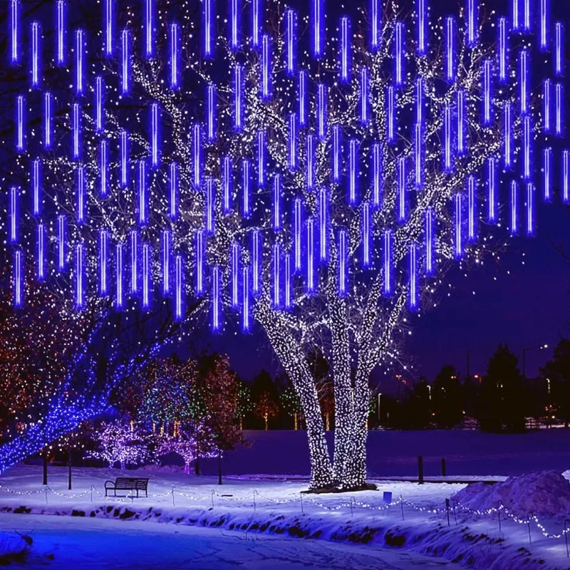 thumbnail image 1 of Juego de 1/2/3/4 luces LED de lluvia de meteoritos, guirnalda de luces navideñas, nieve que cae, carámbanos, iluminación en cascada para el hogar y la boda, 1 of 5