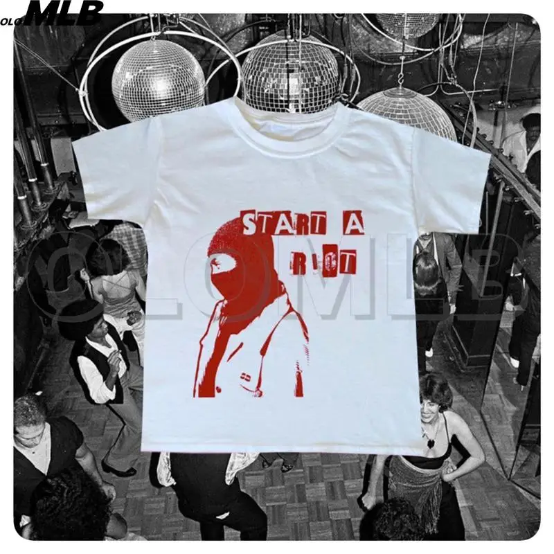 Y2K Streetwear gothic Graphic Short Sleeve White Tee 2000s Vintage Print O Neck Baby Tee Cute Summer Kawaii Cropped Top Fashion