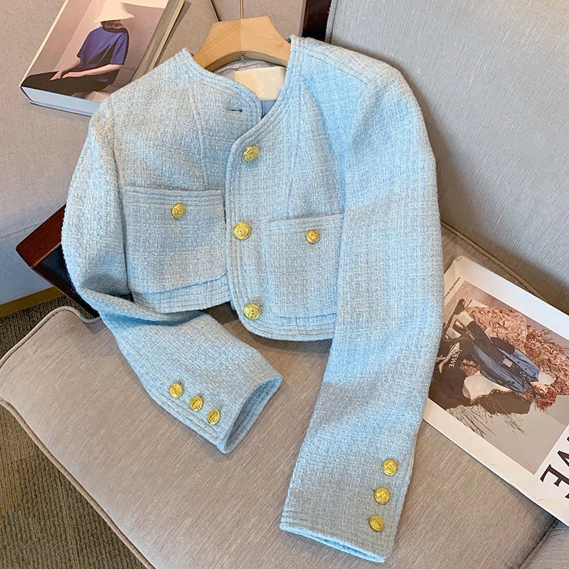 2022 autumn new 20 wool light luxury woven gold button short jacket  commuter ladies fashionable women  Streetwear