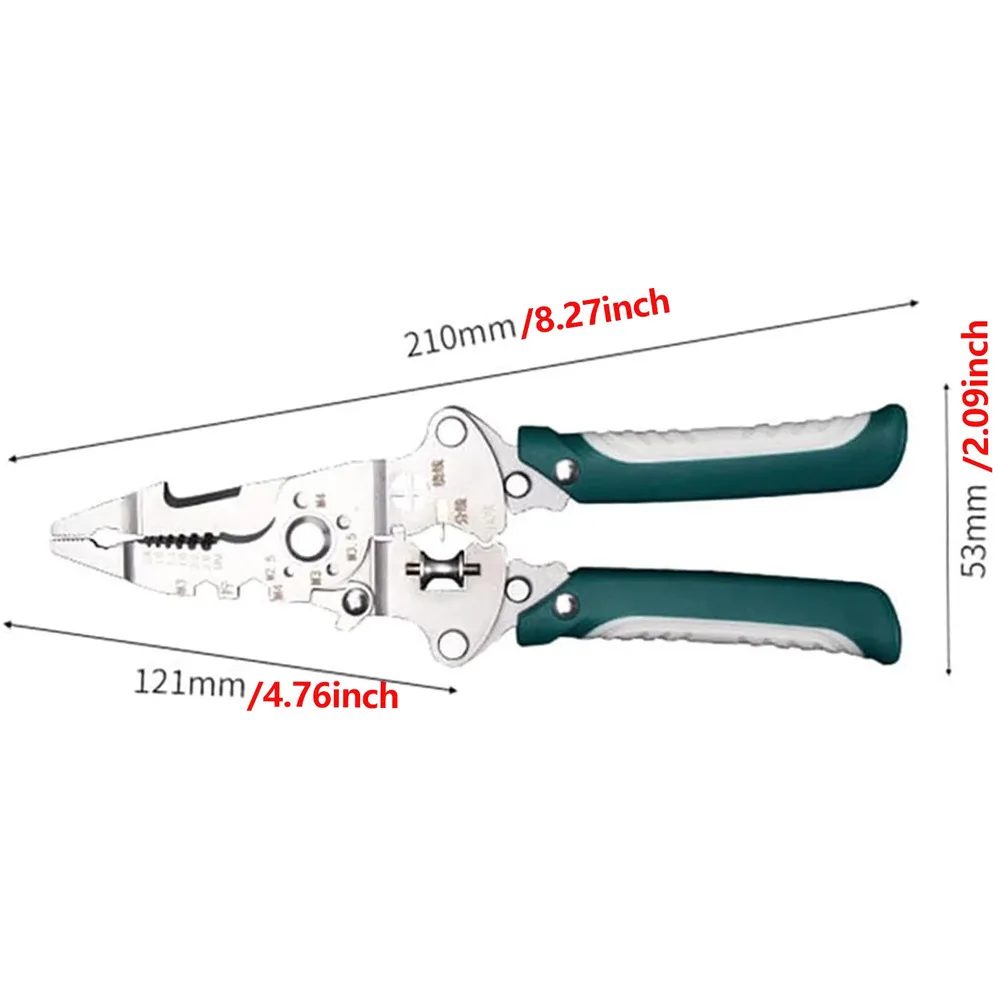 Foldable wire stripping tool displayed with measurement reference