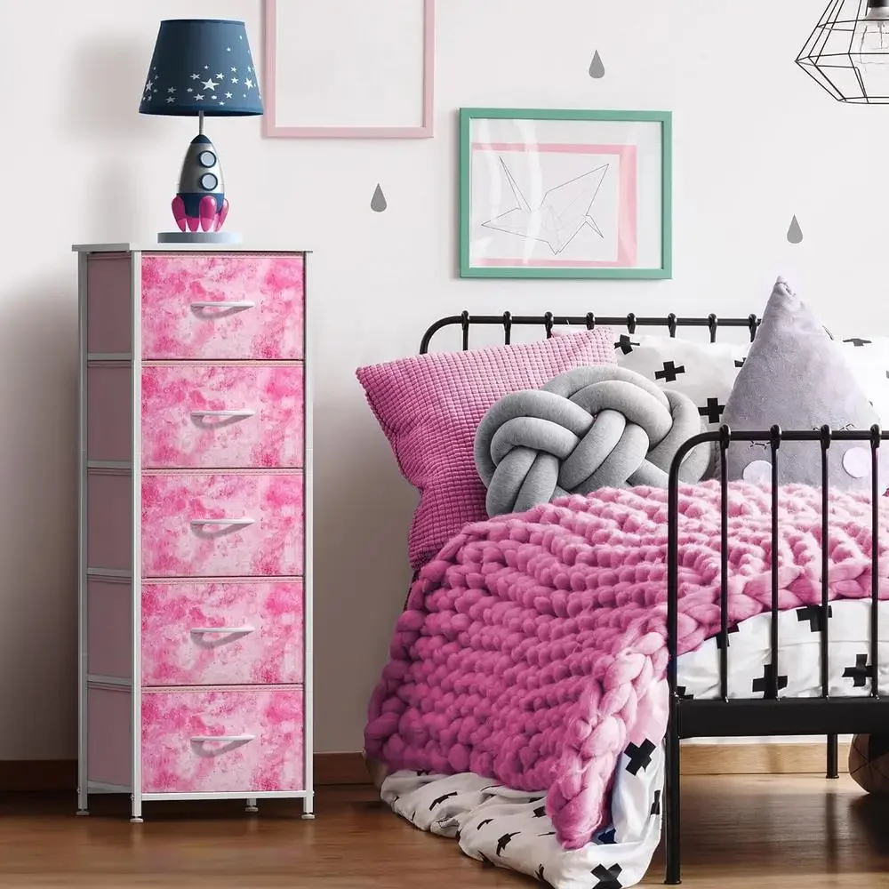 5-Drawer Fabric Nursery Organizer Pink Tie-dye Storage Tower Foldable Drawers Steel Frame MDF Wood Children's Playroom Organizer 2