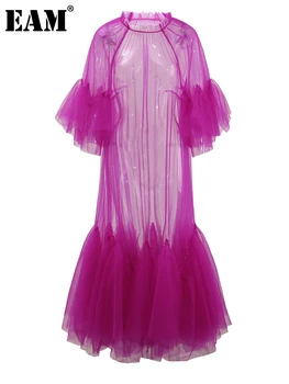 [EAM] Women Purple Ruffles Mesh Perspective Big Size Long Dress New Round Neck Half Sleeve Fashion Spring Summer 2026 JR7711 1