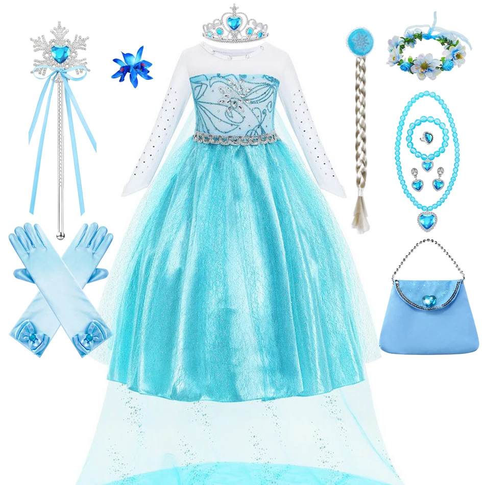

Elsa Dress Girls Long Sleeve Princess Costume Snowflake Rhinestone Blue Dress Toddler Halloween Cosplay Party Vesidos for 2-10T