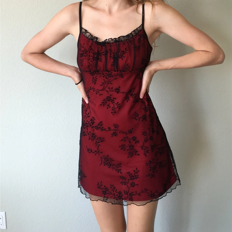 Vintage Floral Lace Double Layers Mini Dress Y2K Vintage