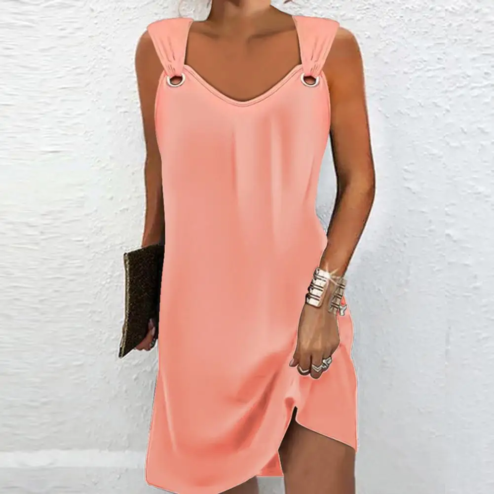 

Summer Solid Color Casual Elegant Dress Straight Skirt 2023 New Eyelet Sleeveless V-Neck Casual Dress Sleeveless Mini Dress