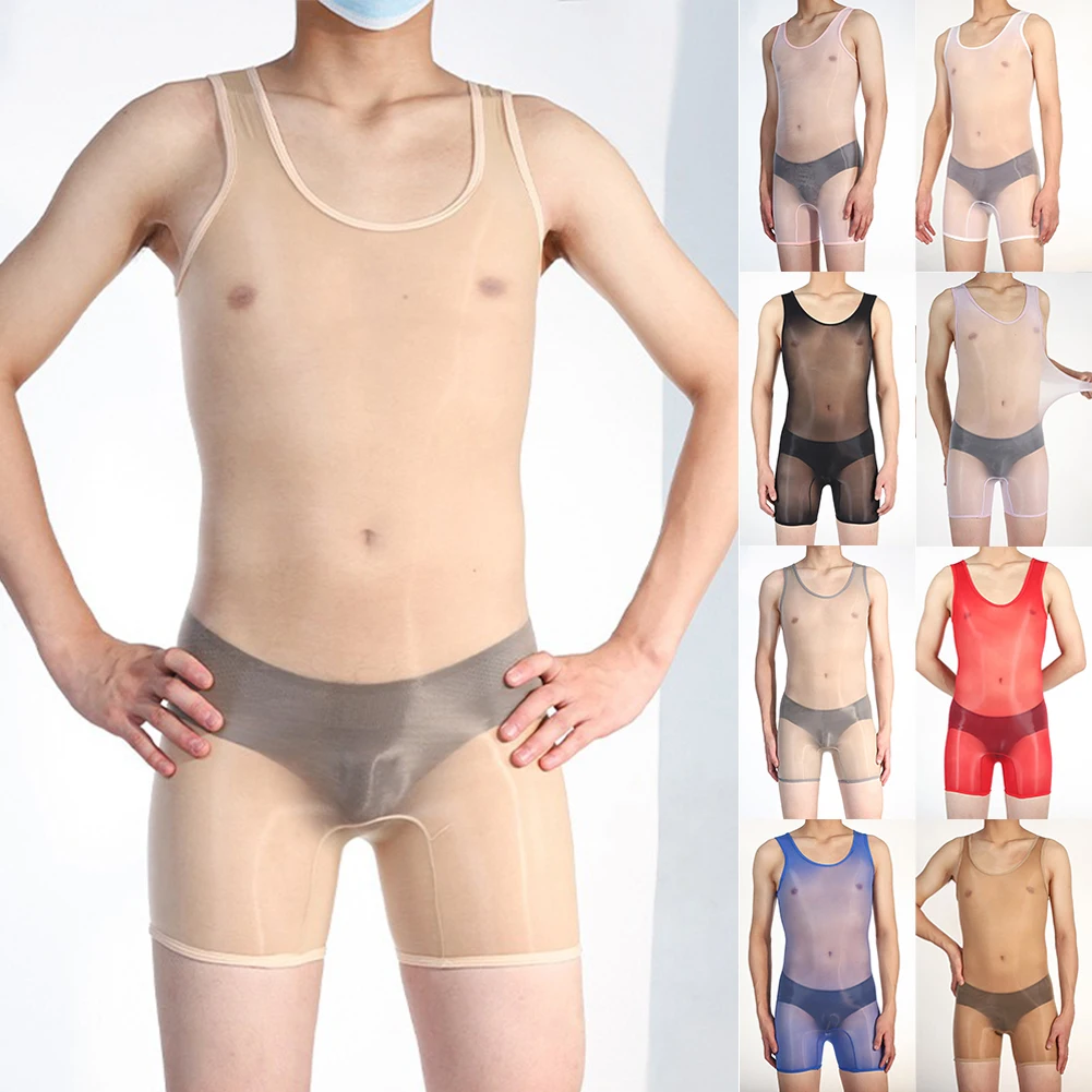 Men's Oil Shiny Seamless Bodysuit Sissy Temptation Lingerie Thin See Through Underwear Sheer Sleeveless High Stretch Jumpsuit