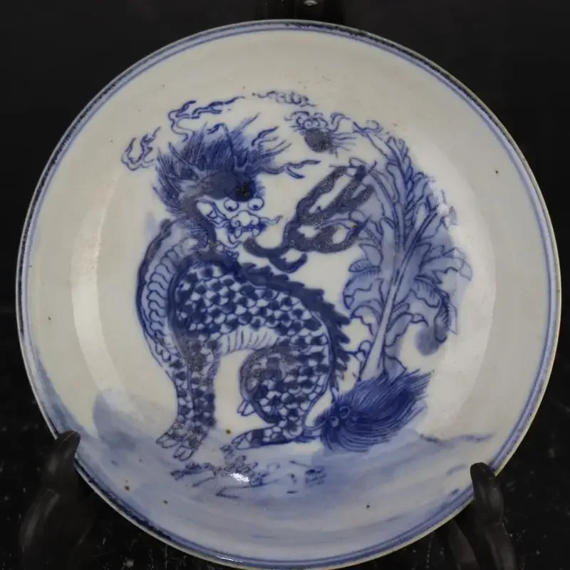 

Китайская сине-белая фарфоровая тарелка с рисунком Qing Kangxi Kylin 5,20 дюйма