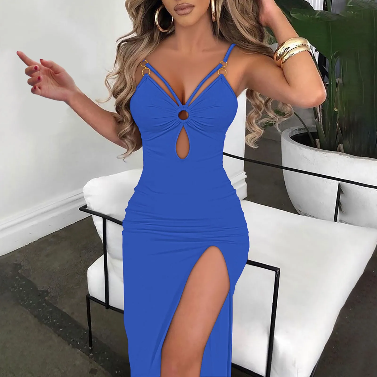 

Women Dresses Casual Solid Color Sleeveless V Neck Chest Wrap Hollow Out Split Hem Dress Slim Sexy Side Slit Fit Dress Party