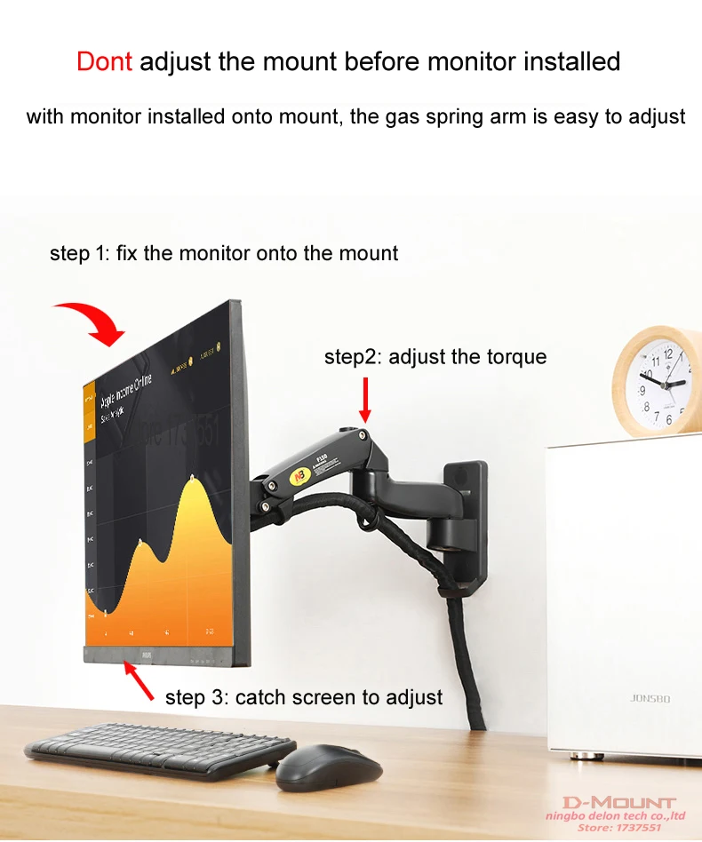Alumínio Gás Spring Wall Mount Screen Air Press Suporte de Parede Inclinação Giratória tv Monitor 312kg 100x100 75x75 17 35 nb F150 - Image 5