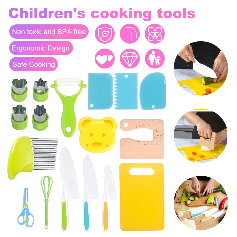11/13/17PCS Kids Cooking sets Real Cooking Montessori Kitchen Tools for Toddlers Kids Safe Knives for 2/3/4/5/6/7/8 Year Old