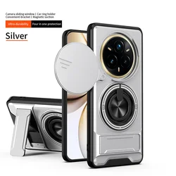 Armor Phone Case with Lens Protection and Magnetic Ring Stand Holder for Realme 14 Pro (Silver)