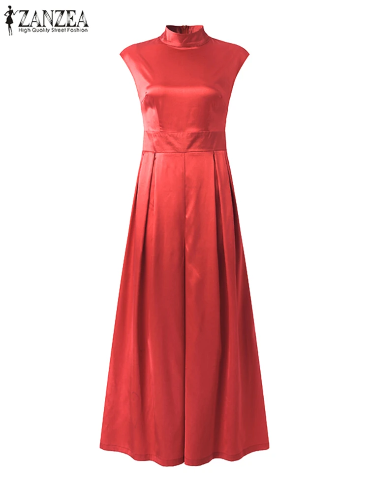 ZANZEA Wide Leg Pant Women Overalls Sleeveless Satin 2023 Summer High Collar Party Jumpsuit Elegant Fashion High Waist Jumpsuits