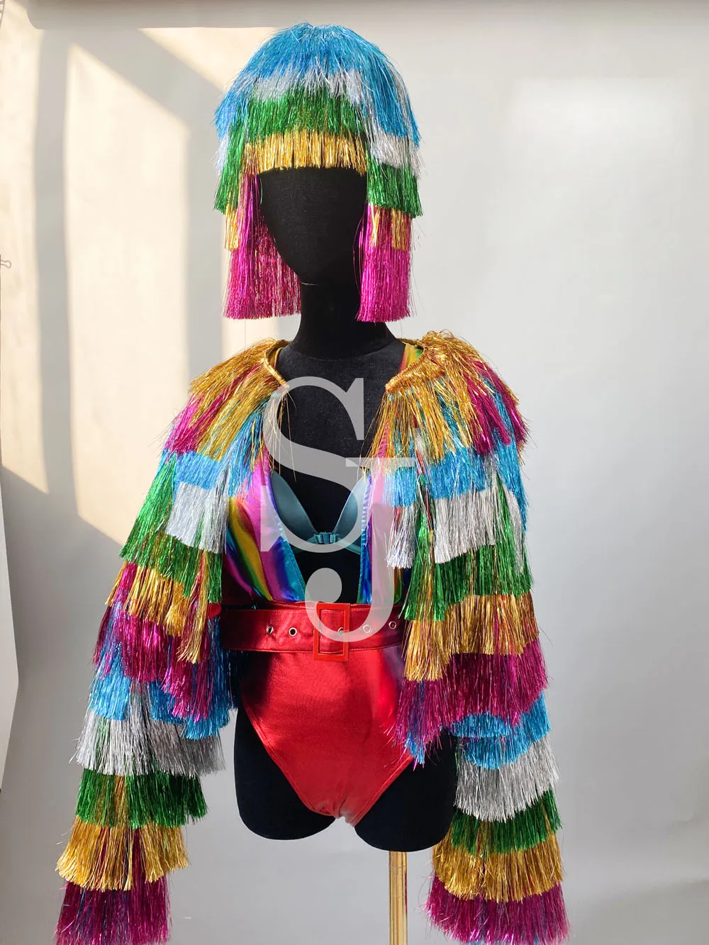 

Colorful fringed Jacket Wig Bodysuit Bar Commercial Show Christmas Amusement Park Theme Party Costume Nightclub show Singer