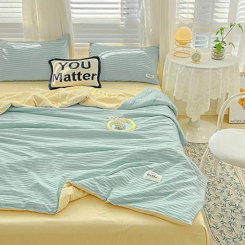 Korean Style Seersucker Washed Cotton Summer Quilt Four-Piece Set Bare Sleeping Quilt Summer Blanket Airable Cover summer quilt,summer quilt set,bed comforter