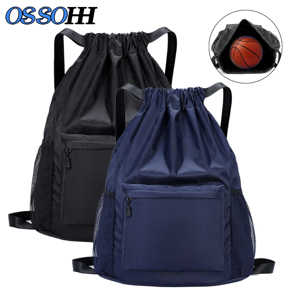 1Pcs Drawstring Backpack Water Resistant String Bag Sports Gym Sack with Side Pocket Zip Pocket for Men Women