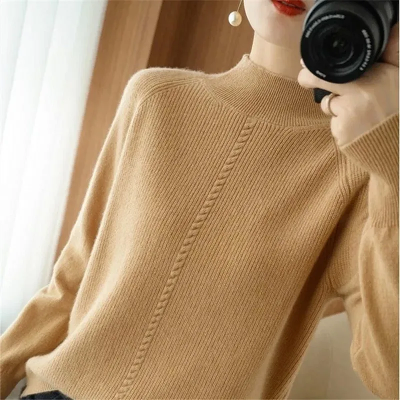 

Vintage Autumn Winter Women's Sweaters Half Turtleneck Pullovers Knitted Jumpers Casual Warm Bottoming Pull Femme Sweaters