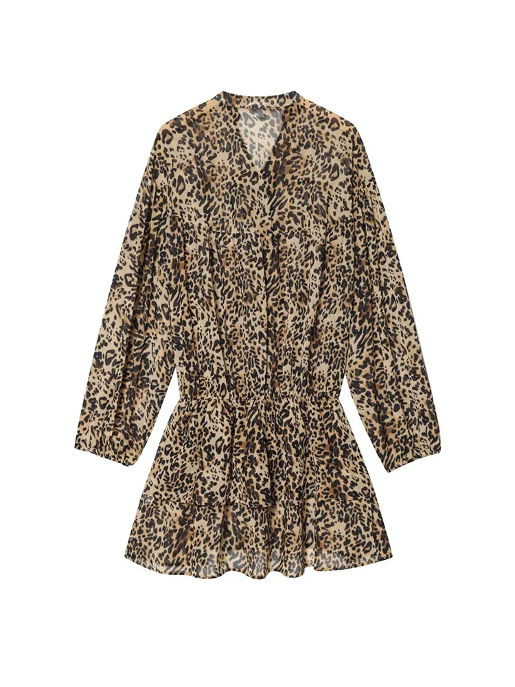 New Ladies Sexy Long Sleeve Mini Dress Summer Leopard Printed Lace Up Beach Dress Chic Tierred Decoartion Female Short Dress