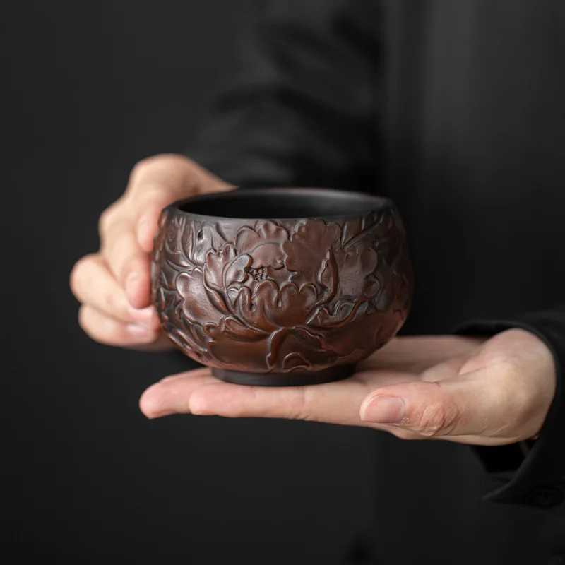 Hand Carved Purple Ceramic Teacup Household Daily Master Teacup Chinese Ceramic Kung Fu Tea Set
