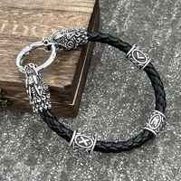 Viking Dragon Heads Nordic Runes Beads Diy Mens Womens Leather Bracelet Mythology Scandinavian Accessories Jewelry 1