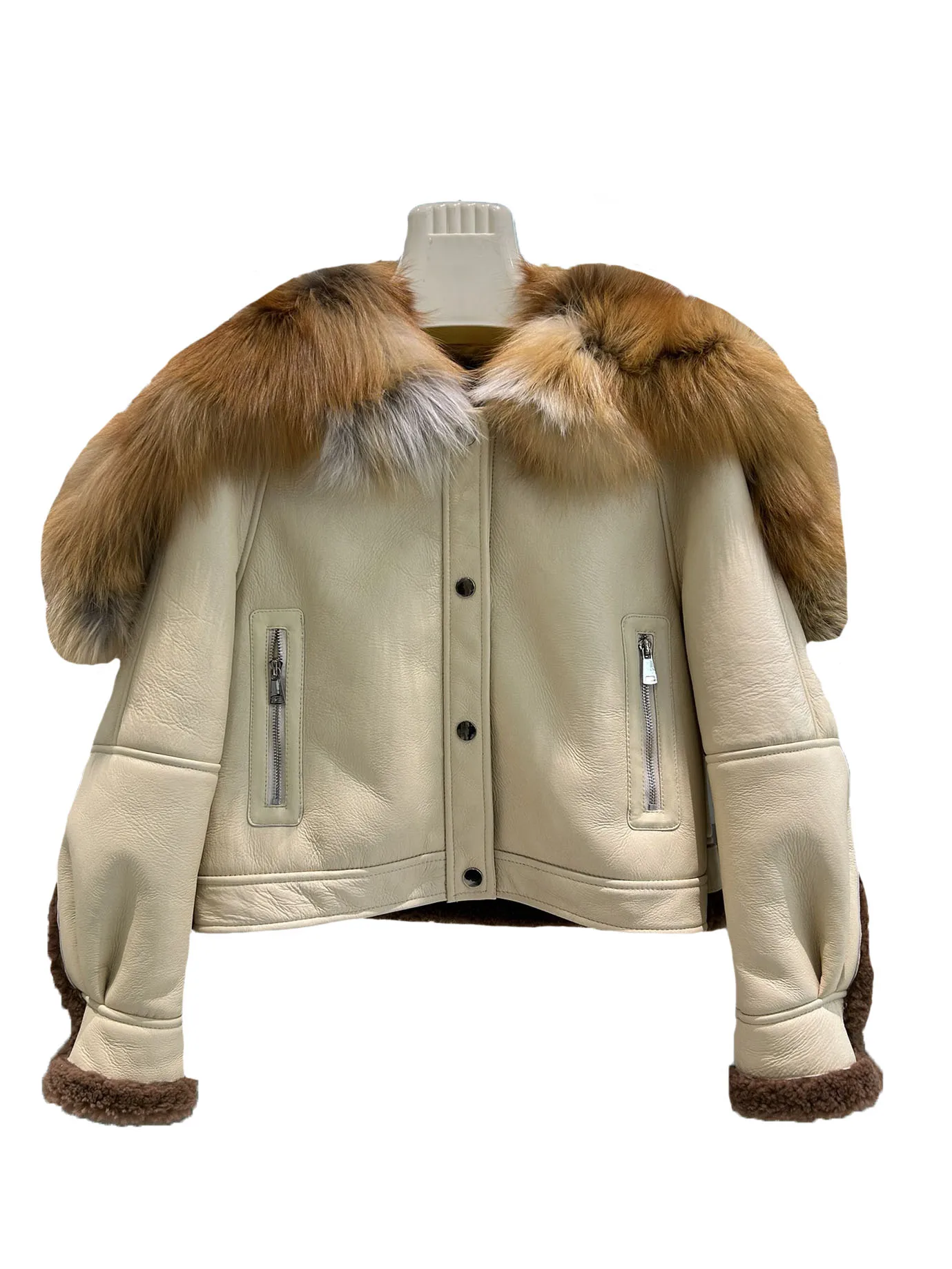 

Leather jacket splicing fur collar short loose version of the single-breasted design warm and cozy 2023 winter new 1116